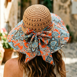Load image into Gallery viewer, French Elegant Hats | Boho Ethnic Printed Hollow Crochet Floppy Wide Brim Bucket Sun Hat