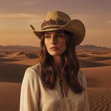 Load image into Gallery viewer, French Elegant Hats | Breathable Light Khaki Woven Western Cowboy Wide Brim Hat With Feather Bead Band &amp; Chin Strap