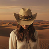 Load image into Gallery viewer, French Elegant Hats | Breathable Light Khaki Woven Western Cowboy Wide Brim Hat With Feather Bead Band &amp; Chin Strap