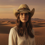 Load image into Gallery viewer, French Elegant Hats | Breathable Light Khaki Woven Western Cowboy Wide Brim Hat With Feather Bead Band &amp; Chin Strap