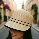 Load image into Gallery viewer, French Elegant Hats | Minimalist Black Double Stripe Band Flat Top Small Visor Straw Sun Hat