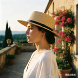Load image into Gallery viewer, French Elegant Hats | Minimalist Thin Black Band Flat Top Wide Brim Straw Sun Hat