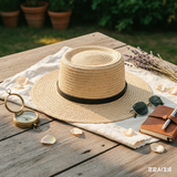 Load image into Gallery viewer, French Elegant Hats | Minimalist Thin Black Band Flat Top Wide Brim Straw Sun Hat
