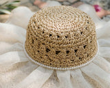 Load image into Gallery viewer, French Elegant Hats | Luxury Pearl Trim Double Chiffon Wavy Flared Brim Hollow Crochet Bucket Sun Hat