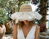 Load image into Gallery viewer, French Elegant Hats | Luxury Pearl Trim Double Chiffon Wavy Flared Brim Hollow Crochet Bucket Sun Hat