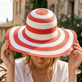 Load image into Gallery viewer, French Elegant Hats | Classic Retro Red White Striped Flat Top Wide Brim Straw Sun Hat