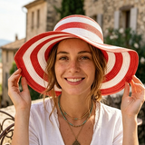 Load image into Gallery viewer, French Elegant Hats | Classic Retro Red White Striped Flat Top Wide Brim Straw Sun Hat