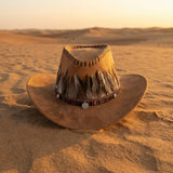 Load image into Gallery viewer, French Elegant Hats | Retro Tan Suede Western Cowboy Wide Brim Hat With Hand Stitch Edge &amp; Indian Feather Band