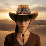 Load image into Gallery viewer, French Elegant Hats | Retro Tan Suede Western Cowboy Wide Brim Hat With Hand Stitch Edge &amp; Indian Feather Band