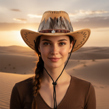 Load image into Gallery viewer, French Elegant Hats | Retro Tan Suede Western Cowboy Wide Brim Hat With Hand Stitch Edge &amp; Indian Feather Band