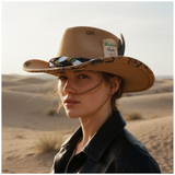 Load image into Gallery viewer, French Elegant Hats | Retro Tan Wool Western Cowboy Wide Brim Hat With Hand Doodle Brim, Rune Stitch &amp; Braided Scarf Band