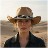 Load image into Gallery viewer, French Elegant Hats | Retro Tan Wool Western Cowboy Wide Brim Hat With Hand Doodle Brim, Rune Stitch &amp; Braided Scarf Band