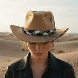 Load image into Gallery viewer, French Elegant Hats | Retro Tan Wool Western Cowboy Wide Brim Hat With Hand Doodle Brim, Rune Stitch &amp; Braided Scarf Band