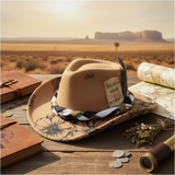 Load image into Gallery viewer, French Elegant Hats | Retro Tan Wool Western Cowboy Wide Brim Hat With Hand Doodle Brim, Rune Stitch &amp; Braided Scarf Band