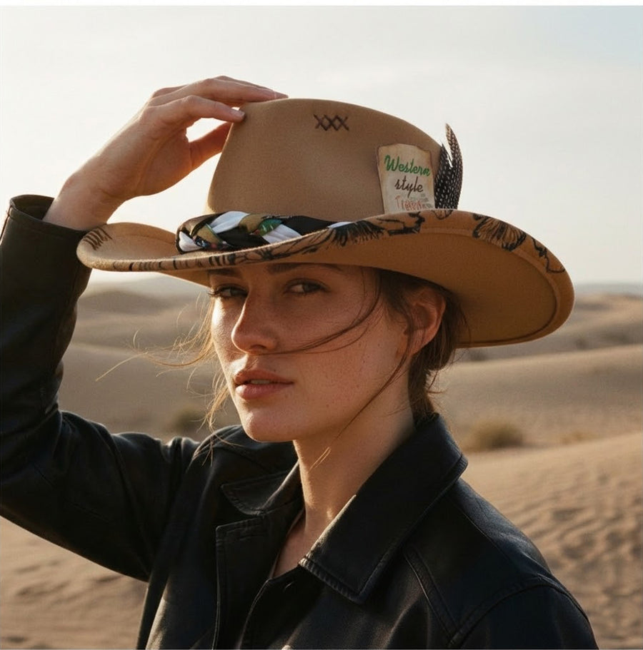 French Elegant Hats | Retro Tan Wool Western Cowboy Wide Brim Hat With Hand Doodle Brim, Rune Stitch & Braided Scarf Band