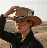 Load image into Gallery viewer, French Elegant Hats | Retro Tan Wool Western Cowboy Wide Brim Hat With Hand Doodle Brim, Rune Stitch &amp; Braided Scarf Band