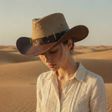 Load image into Gallery viewer, French Elegant Hats | Two Tone Suede Western Cowboy Wide Brim Hat With Hollow Breathable Punch Hole, Eagle Badge &amp; Bullet Decor Band