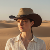 Load image into Gallery viewer, French Elegant Hats | Two Tone Suede Western Cowboy Wide Brim Hat With Hollow Breathable Punch Hole, Eagle Badge &amp; Bullet Decor Band