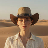 Load image into Gallery viewer, French Elegant Hats | Two Tone Suede Western Cowboy Wide Brim Hat With Hollow Breathable Punch Hole, Eagle Badge &amp; Bullet Decor Band