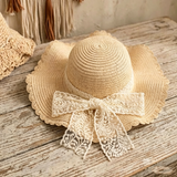 Load image into Gallery viewer, French Elegant Hats | Romantic White Lace Bow Wavy Ruffled Wide Brim Straw Sun Hat