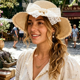 Load image into Gallery viewer, French Elegant Hats | Romantic White Lace Bow Wavy Ruffled Wide Brim Straw Sun Hat