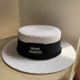 Load image into Gallery viewer, Hat Women's Summer Casual Beach Hat Seaside Shade Sun Protection Straw Hat White Flat Top Small Fresh Wide Rim Top Hat