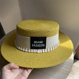 Load image into Gallery viewer, Hat Women's Summer Casual Beach Hat Seaside Shade Sun Protection Straw Hat White Flat Top Small Fresh Wide Rim Top Hat