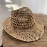 Load image into Gallery viewer, Summer hand-woven western cowboy hat women's visor drawstring windproof fisherman men's outdoor vacation top hat