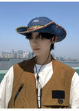 Load image into Gallery viewer, Ethnic style embroidery large brim fisherman's hat men's outdoor travel sunscreen summer visor breathable denim hat thin