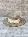 Load image into Gallery viewer, Blogger with the same silk and linen decoration French seaside vacation straw hat women's summer salty straw woven hollow flat top sunshade hat