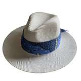 Load image into Gallery viewer, White Top Hat Women's Resort Beach Hat Blue Ribbon Sunscreen Sun Hat Straw Hat Women's Seaside Sun Hat Tide