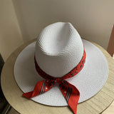 Load image into Gallery viewer, White Top Hat Women's Resort Beach Hat Blue Ribbon Sunscreen Sun Hat Straw Hat Women's Seaside Sun Hat Tide