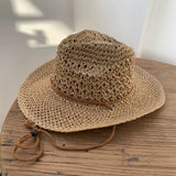 Load image into Gallery viewer, Summer hand-woven western cowboy hat women's visor drawstring windproof fisherman men's outdoor vacation top hat