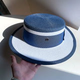 Load image into Gallery viewer, Straw hat women's summer big eaves beach seaside shade navy blue color matching flat top sun hat British versatile top hat