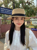 Load image into Gallery viewer, Hepburn French flat-top straw hat children's seaside vacation sunshade sunscreen hat big head circumference
