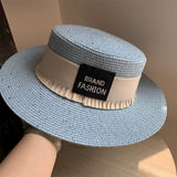 Load image into Gallery viewer, Hat Women's Summer Casual Beach Hat Seaside Shade Sun Protection Straw Hat White Flat Top Small Fresh Wide Rim Top Hat