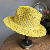Load image into Gallery viewer, Fresh grass green hand-woven top hat women's summer vacation wind hollow straw hat wide edge sun hat beach sun protection hat