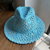Load image into Gallery viewer, Fresh grass green hand-woven top hat women's summer vacation wind hollow straw hat wide edge sun hat beach sun protection hat