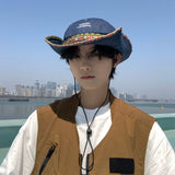 Load image into Gallery viewer, Ethnic style embroidery large brim fisherman's hat men's outdoor travel sunscreen summer visor breathable denim hat thin