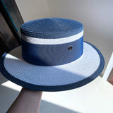 Load image into Gallery viewer, Straw hat women's summer big eaves beach seaside shade navy blue color matching flat top sun hat British versatile top hat