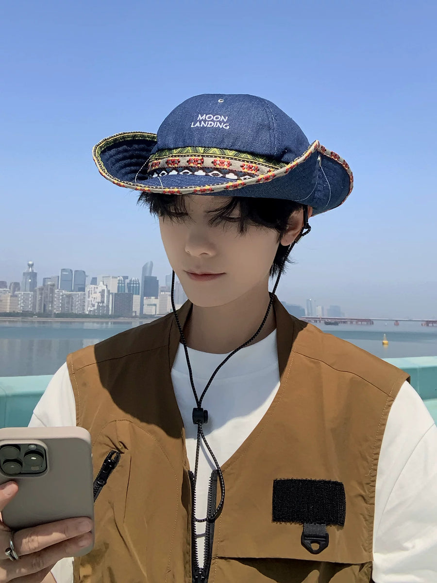 Ethnic style embroidery large brim fisherman's hat men's outdoor travel sunscreen summer visor breathable denim hat thin