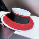 Load image into Gallery viewer, Straw hat women's summer big eaves beach seaside shade navy blue color matching flat top sun hat British versatile top hat