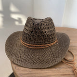 Load image into Gallery viewer, Summer hand-woven western cowboy hat women's visor drawstring windproof fisherman men's outdoor vacation top hat