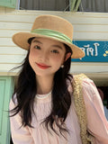 Load image into Gallery viewer, Hepburn French flat-top straw hat children's seaside vacation sunshade sunscreen hat big head circumference