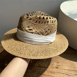 Load image into Gallery viewer, White straw hat women's summer hand-woven Panama jazz straw hat sunshade sunscreen seaside vacation top hat
