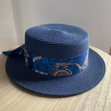 Load image into Gallery viewer, Korean version navy blue elegant straw hat flat top hat wide brim straw woven top hat women's summer hat sun protection UV protection travel