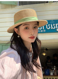 Load image into Gallery viewer, Hepburn French flat-top straw hat children's seaside vacation sunshade sunscreen hat big head circumference