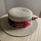 Load image into Gallery viewer, Korean version navy blue elegant straw hat flat top hat wide brim straw woven top hat women's summer hat sun protection UV protection travel