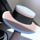 Load image into Gallery viewer, Straw hat women's summer big eaves beach seaside shade navy blue color matching flat top sun hat British versatile top hat