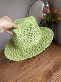 Load image into Gallery viewer, Fresh grass green hand-woven top hat women's summer vacation wind hollow straw hat wide edge sun hat beach sun protection hat